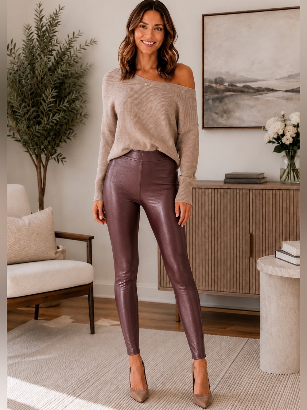 Athleta Elation Shimmer Tight Leggings High Rise Matte Foil Brown Size Large